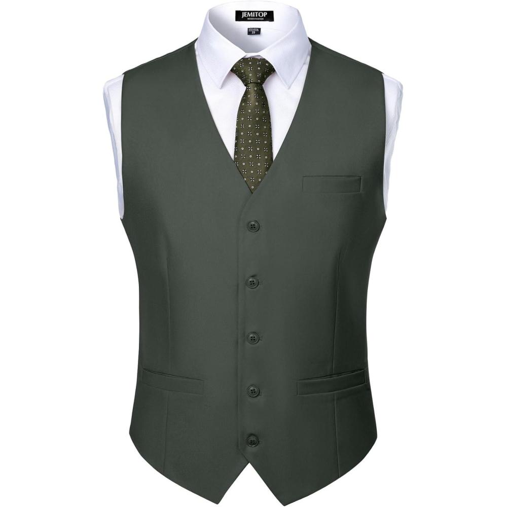 imageMens Classic Slim Fit Dress Vest Formal Wedding Prom Tuxedo Suit Vest with PocketOlive Green