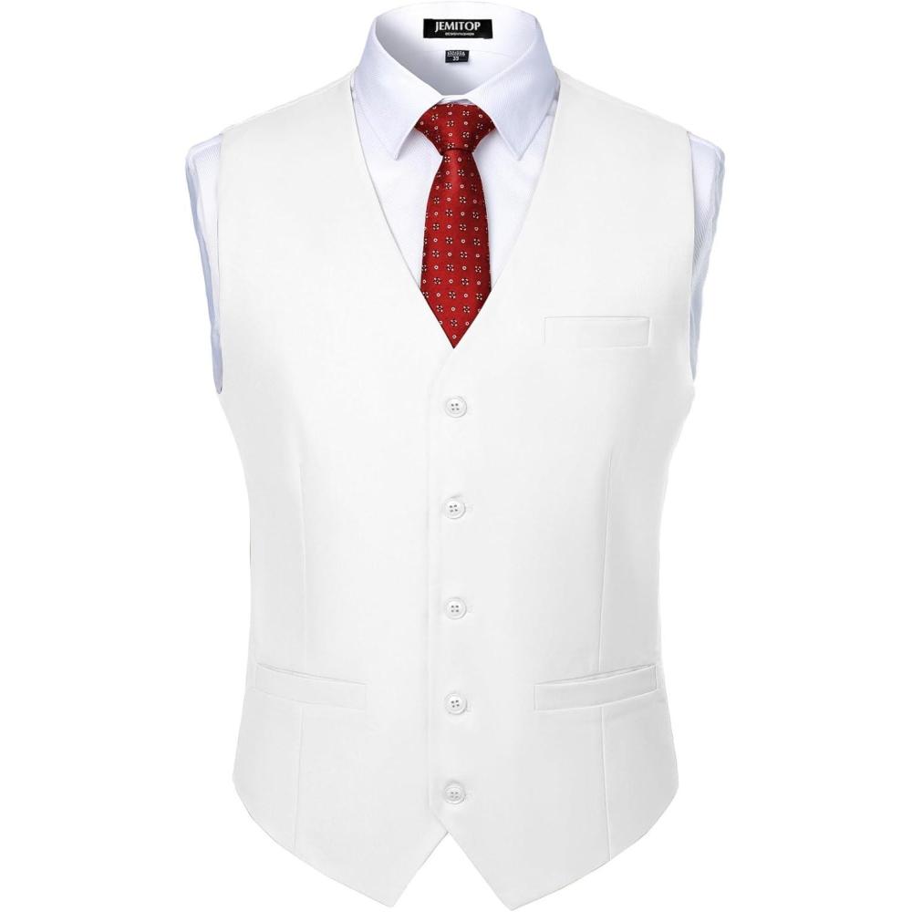 imageMens Classic Slim Fit Dress Vest Formal Wedding Prom Tuxedo Suit Vest with PocketWhite