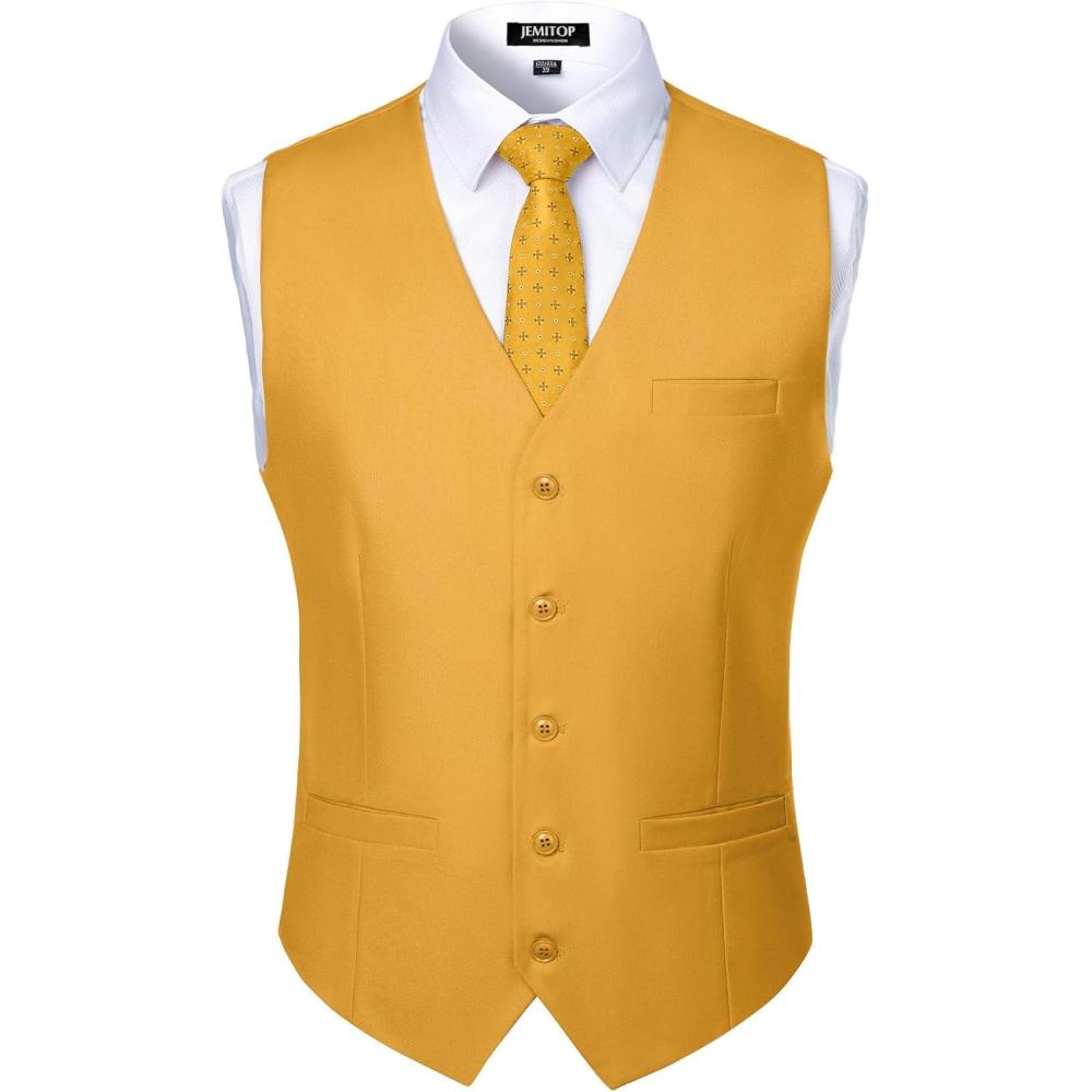 imageMens Classic Slim Fit Dress Vest Formal Wedding Prom Tuxedo Suit Vest with PocketYellow