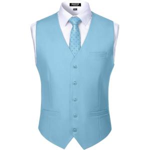 imageMens Classic Slim Fit Dress Vest Formal Wedding Prom Tuxedo Suit Vest with PocketLight Blue