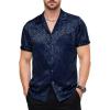 imageMens Shiny Satin SilkLike Designer Shirt Summer Regular Fit Short Sleeve Button Up Floral Shirt with PocketNavy Blue