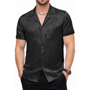 imageMens Shiny Satin SilkLike Designer Shirt Summer Regular Fit Short Sleeve Button Up Floral Shirt with PocketBlack