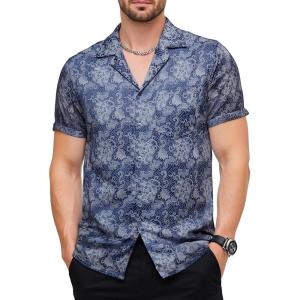 imageMens Shiny Satin SilkLike Designer Shirt Summer Regular Fit Short Sleeve Button Up Floral Shirt with PocketBlue