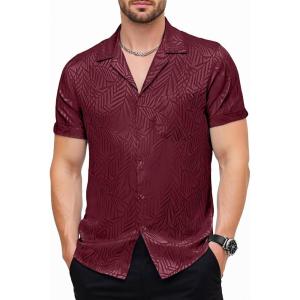 imageMens Shiny Satin SilkLike Designer Shirt Summer Regular Fit Short Sleeve Button Up Floral Shirt with PocketBurgundy