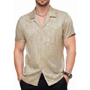 imageMens Shiny Satin SilkLike Designer Shirt Summer Regular Fit Short Sleeve Button Up Floral Shirt with PocketChamagne Gold