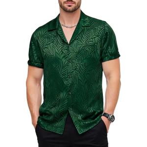 imageMens Shiny Satin SilkLike Designer Shirt Summer Regular Fit Short Sleeve Button Up Floral Shirt with PocketDark Green