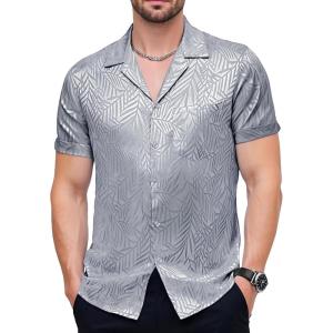 imageMens Shiny Satin SilkLike Designer Shirt Summer Regular Fit Short Sleeve Button Up Floral Shirt with PocketGray Silver