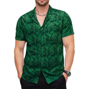 imageMens Shiny Satin SilkLike Designer Shirt Summer Regular Fit Short Sleeve Button Up Floral Shirt with PocketGreen