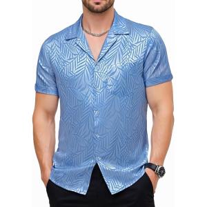 imageMens Shiny Satin SilkLike Designer Shirt Summer Regular Fit Short Sleeve Button Up Floral Shirt with PocketLight Blue