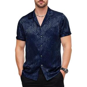 imageMens Shiny Satin SilkLike Designer Shirt Summer Regular Fit Short Sleeve Button Up Floral Shirt with PocketNavy Blue