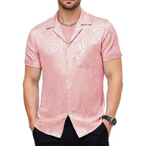 imageMens Shiny Satin SilkLike Designer Shirt Summer Regular Fit Short Sleeve Button Up Floral Shirt with PocketPink