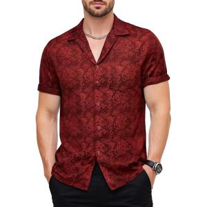 imageMens Shiny Satin SilkLike Designer Shirt Summer Regular Fit Short Sleeve Button Up Floral Shirt with PocketRed