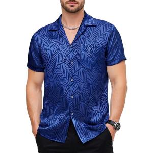 imageMens Shiny Satin SilkLike Designer Shirt Summer Regular Fit Short Sleeve Button Up Floral Shirt with PocketRoyal Blue