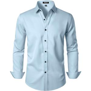 imageMens Stretch Wrinkle Free Dress Shirts Formal Prom Wedding Long Sleeve Button Down ShirtsLight Blue