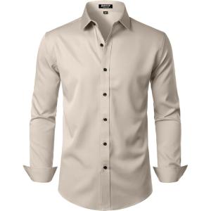 imageMens Stretch Wrinkle Free Dress Shirts Formal Prom Wedding Long Sleeve Button Down ShirtsTan