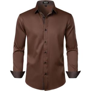 imageJEMITOP Mens Stretch MultiUse Long Sleeve Dress Shirts Party Prom Wedding Shirts with Slight SheenBrown