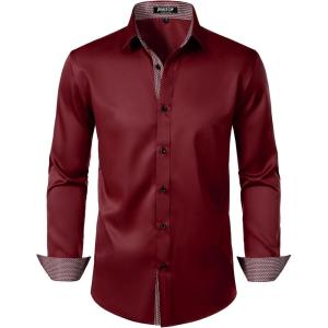 imageJEMITOP Mens Stretch MultiUse Long Sleeve Dress Shirts Party Prom Wedding Shirts with Slight SheenBurgundy