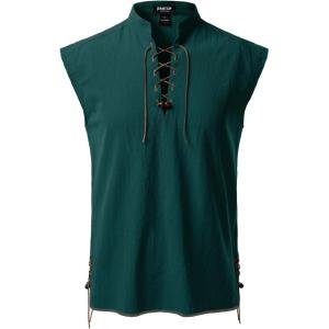 imageJEMITOP Mens Retro Pure Cotton Lace Up Sleeveless Shirts for Pirate Renaissance Medieval Viking CostumeDark Green