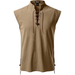 imageJEMITOP Mens Retro Pure Cotton Lace Up Sleeveless Shirts for Pirate Renaissance Medieval Viking CostumeDark Khaki