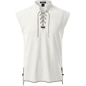imageJEMITOP Mens Retro Pure Cotton Lace Up Sleeveless Shirts for Pirate Renaissance Medieval Viking CostumeIvory White