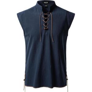 imageJEMITOP Mens Retro Pure Cotton Lace Up Sleeveless Shirts for Pirate Renaissance Medieval Viking CostumeNavy Blue