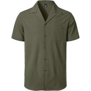 imageJEMITOP Mens Stretch Cuban Collar Shirt Summer Lightweight Short Sleeve Button Down Shirts with Pocket for Beach VacationArmy Green