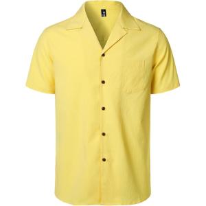 imageJEMITOP Mens Stretch Cuban Collar Shirt Summer Lightweight Short Sleeve Button Down Shirts with Pocket for Beach VacationYellow