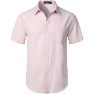 imageJEMITOP Mens Stretch Wrinkle Free Short Sleeve Texture Shirt Lightweight Summer Button Down Shirts for Beach VacationPink