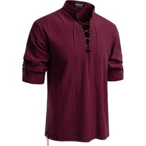 imageJEMITOP Mens Pure Cotton Retro Lace Up Shirts for Renaissance Pirate Medieval VikingBurgundy Retro