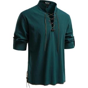 imageJEMITOP Mens Pure Cotton Retro Lace Up Shirts for Renaissance Pirate Medieval VikingDark Green Retro