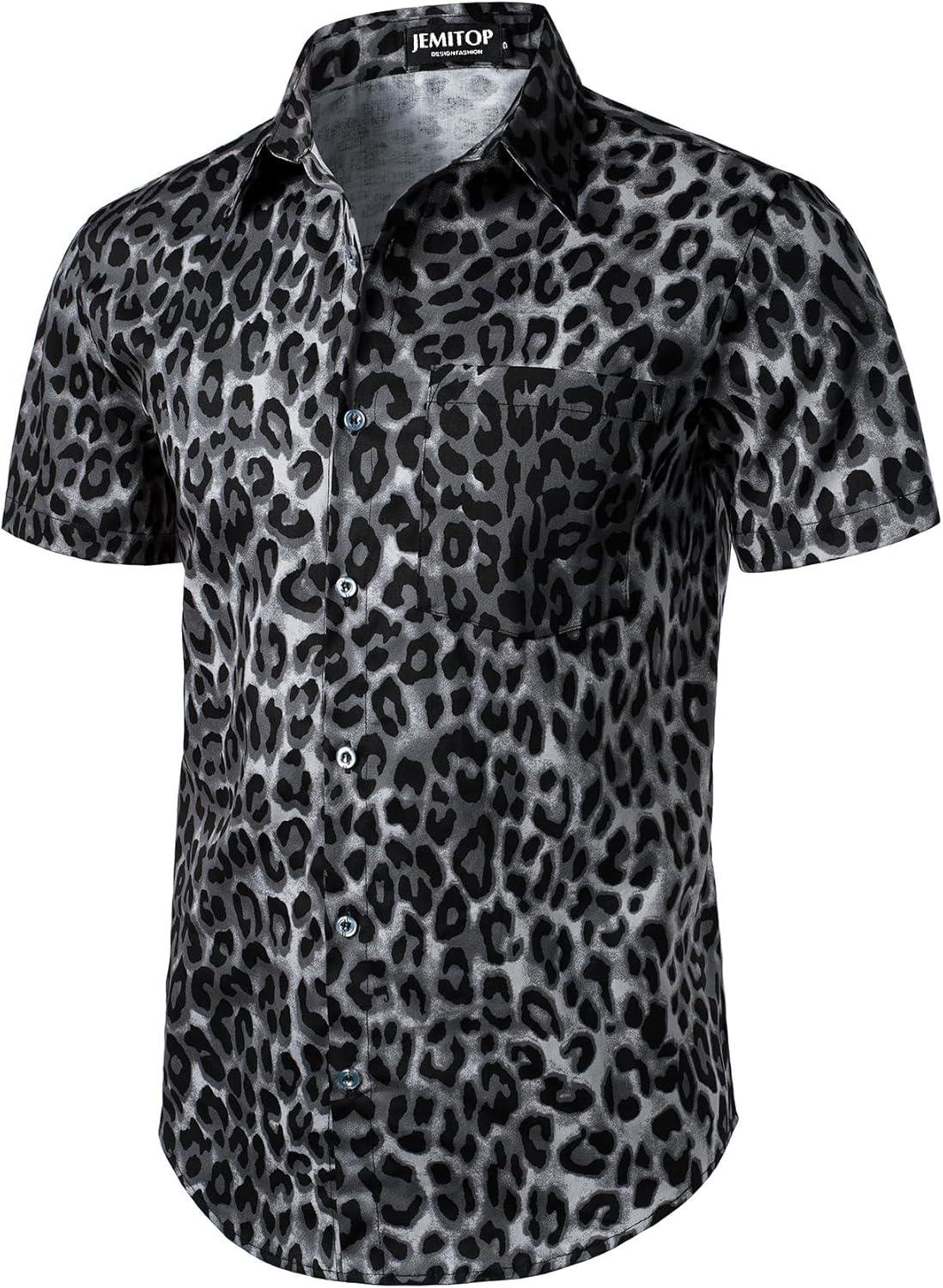 imageJEMITOP Mens 2 Piece Casual Cotton Stretchy Outfit Short Sleeve Button up Shirt and Shorts SetBlack Leopard