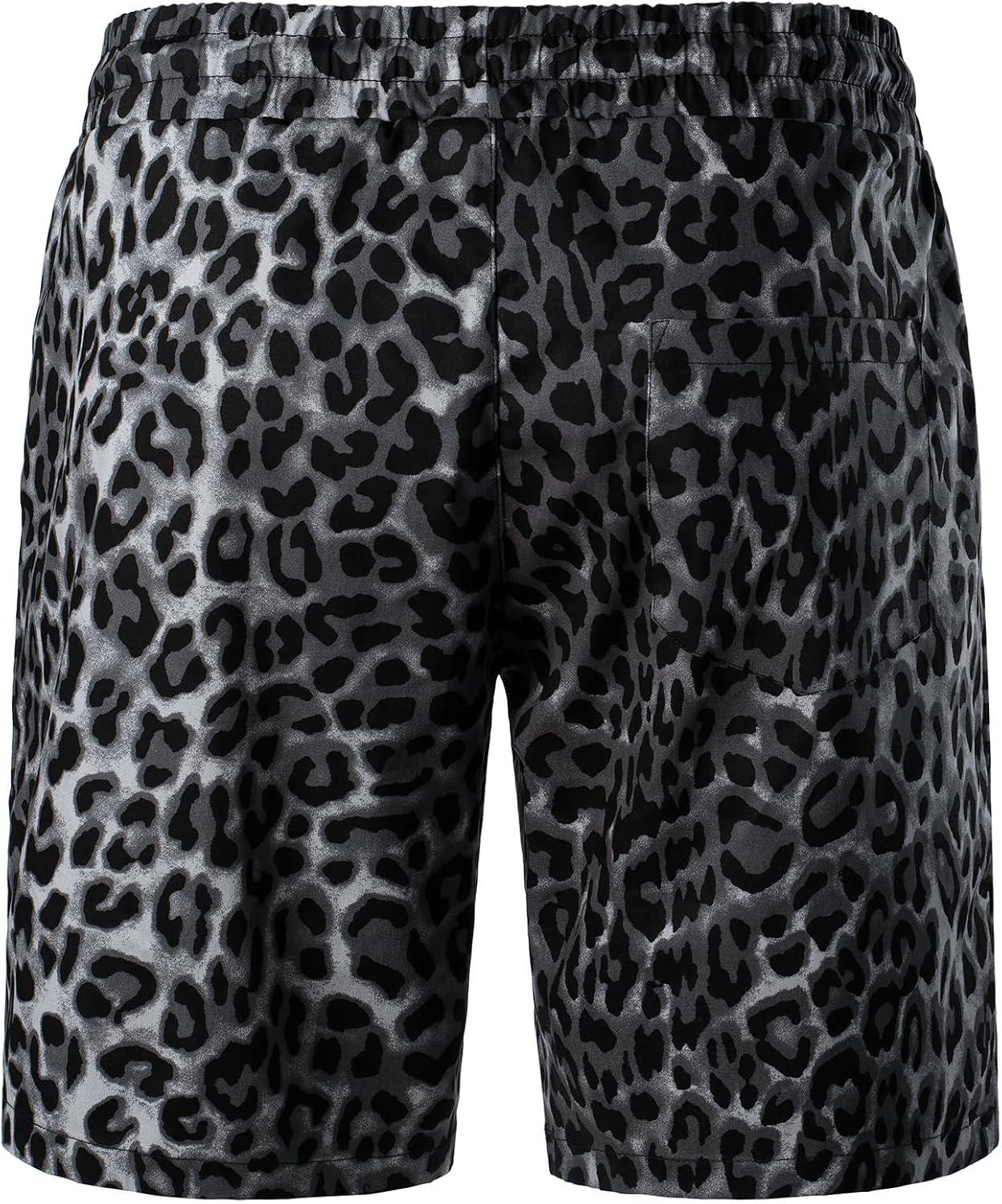 imageJEMITOP Mens 2 Piece Casual Cotton Stretchy Outfit Short Sleeve Button up Shirt and Shorts SetBlack Leopard