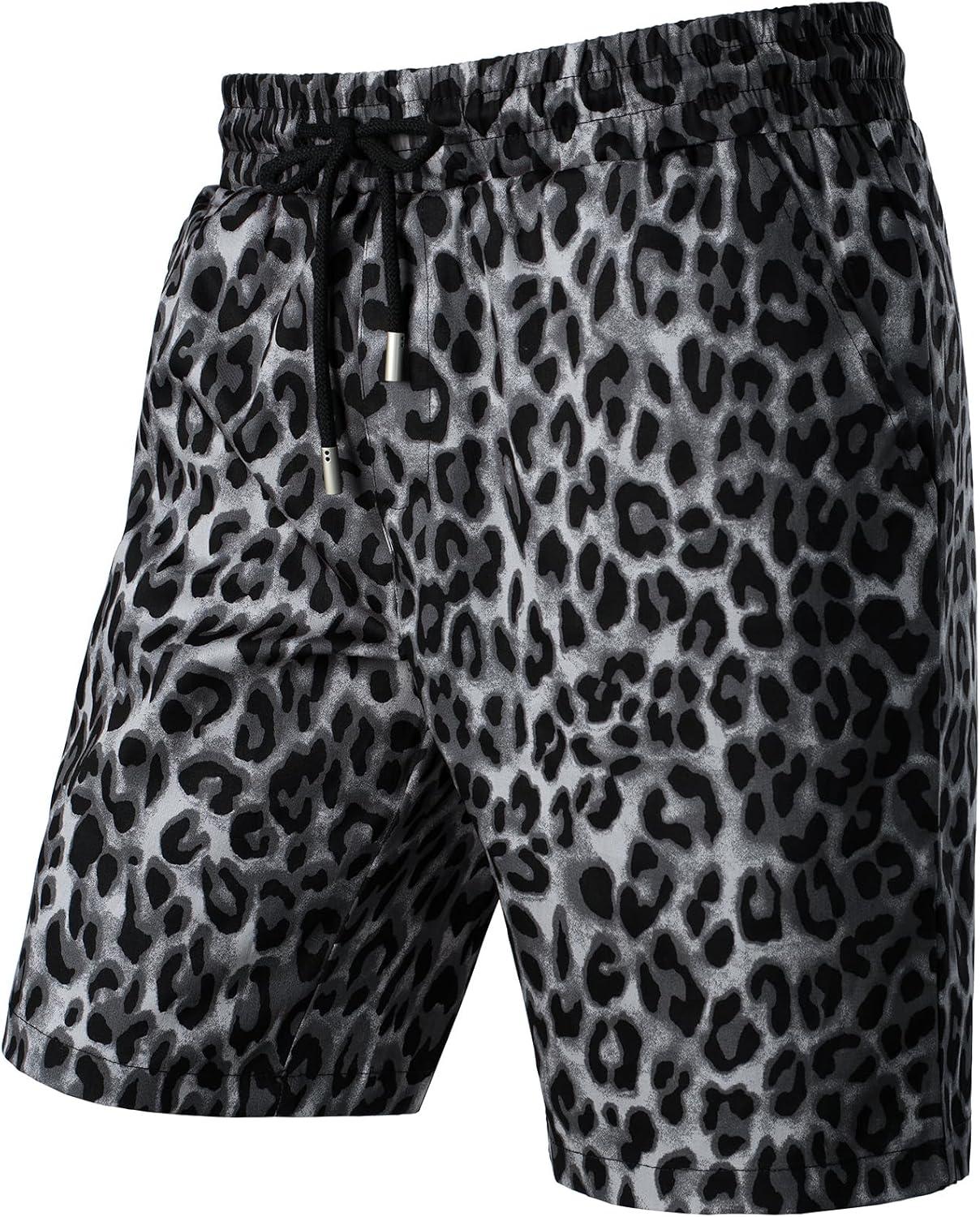 imageJEMITOP Mens 2 Piece Casual Cotton Stretchy Outfit Short Sleeve Button up Shirt and Shorts SetBlack Leopard