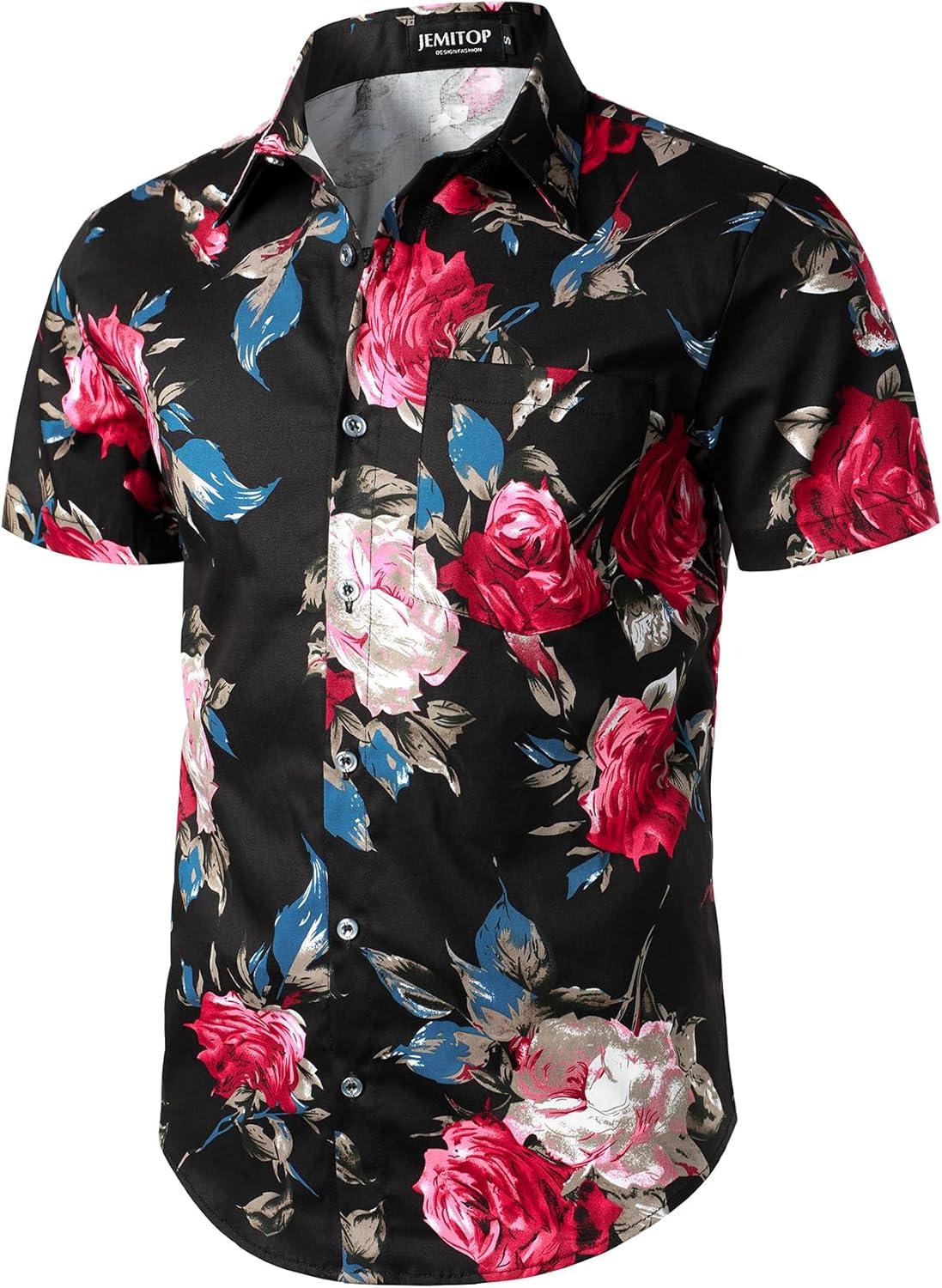 imageJEMITOP Mens 2 Piece Casual Cotton Stretchy Outfit Short Sleeve Button up Shirt and Shorts SetBlackrose