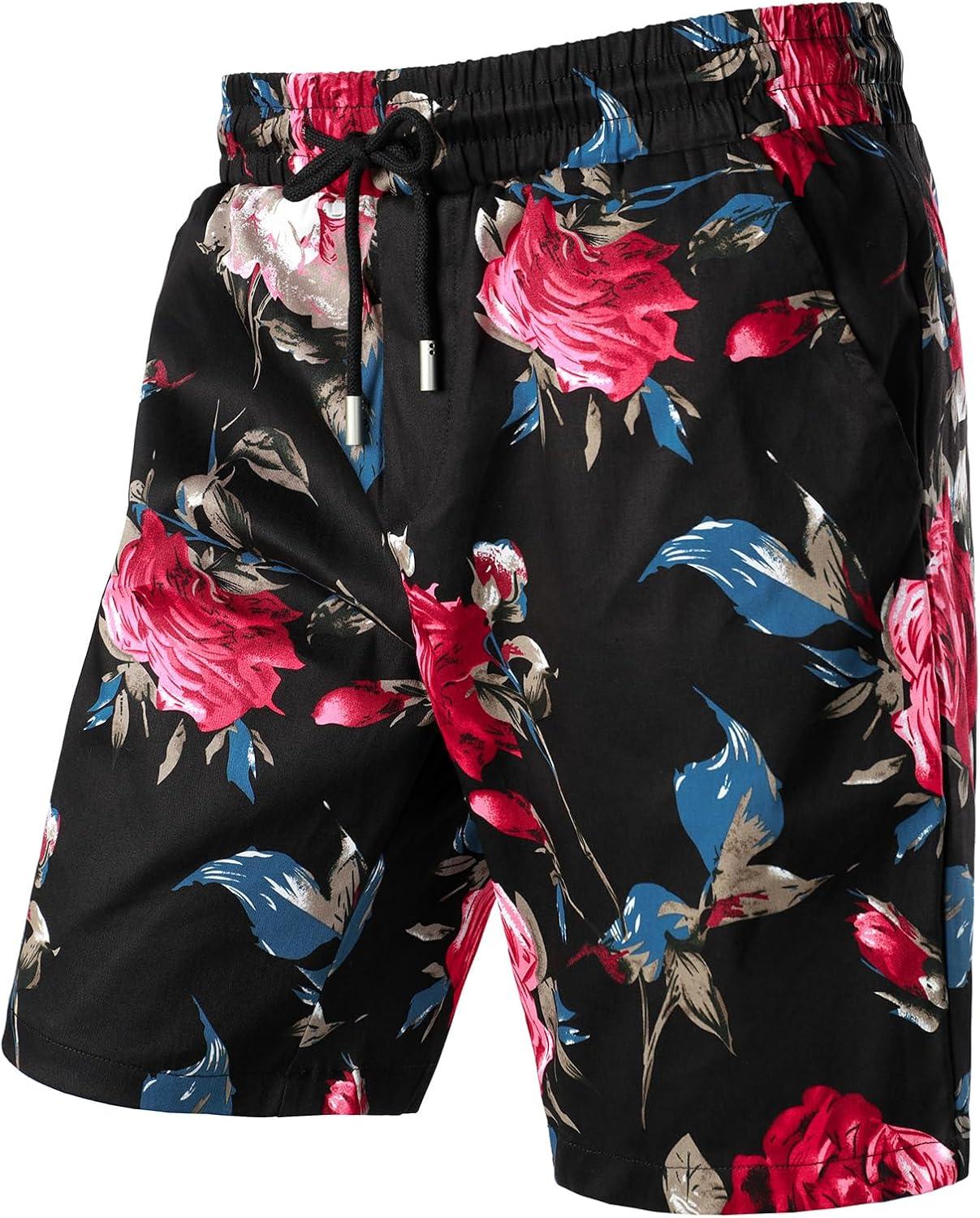 imageJEMITOP Mens 2 Piece Casual Cotton Stretchy Outfit Short Sleeve Button up Shirt and Shorts SetBlackrose