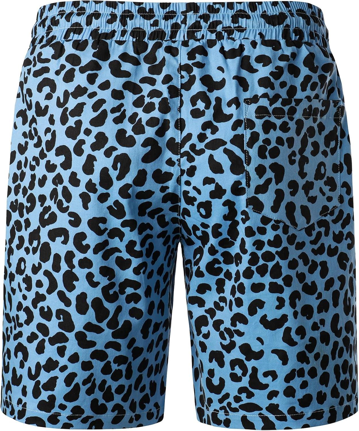 imageJEMITOP Mens 2 Piece Casual Cotton Stretchy Outfit Short Sleeve Button up Shirt and Shorts SetBlue Leopard