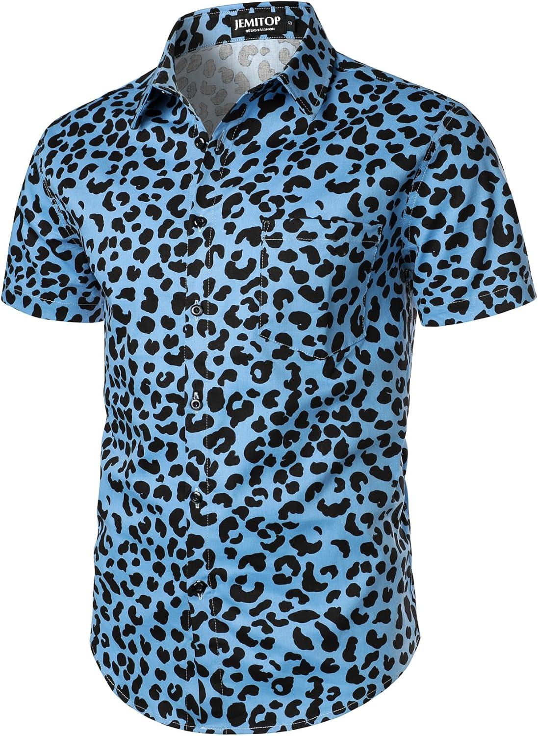 imageJEMITOP Mens 2 Piece Casual Cotton Stretchy Outfit Short Sleeve Button up Shirt and Shorts SetBlue Leopard