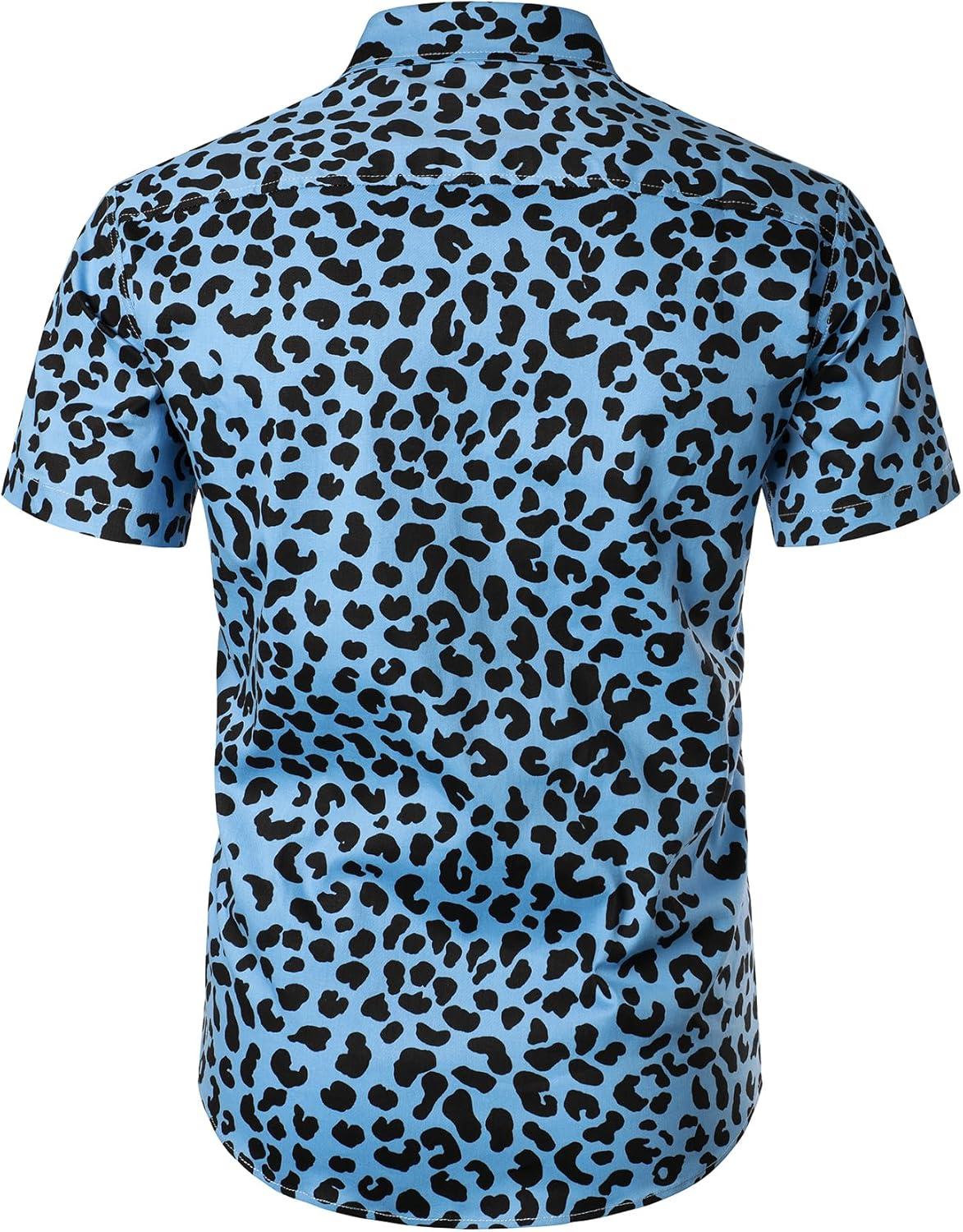 imageJEMITOP Mens 2 Piece Casual Cotton Stretchy Outfit Short Sleeve Button up Shirt and Shorts SetBlue Leopard