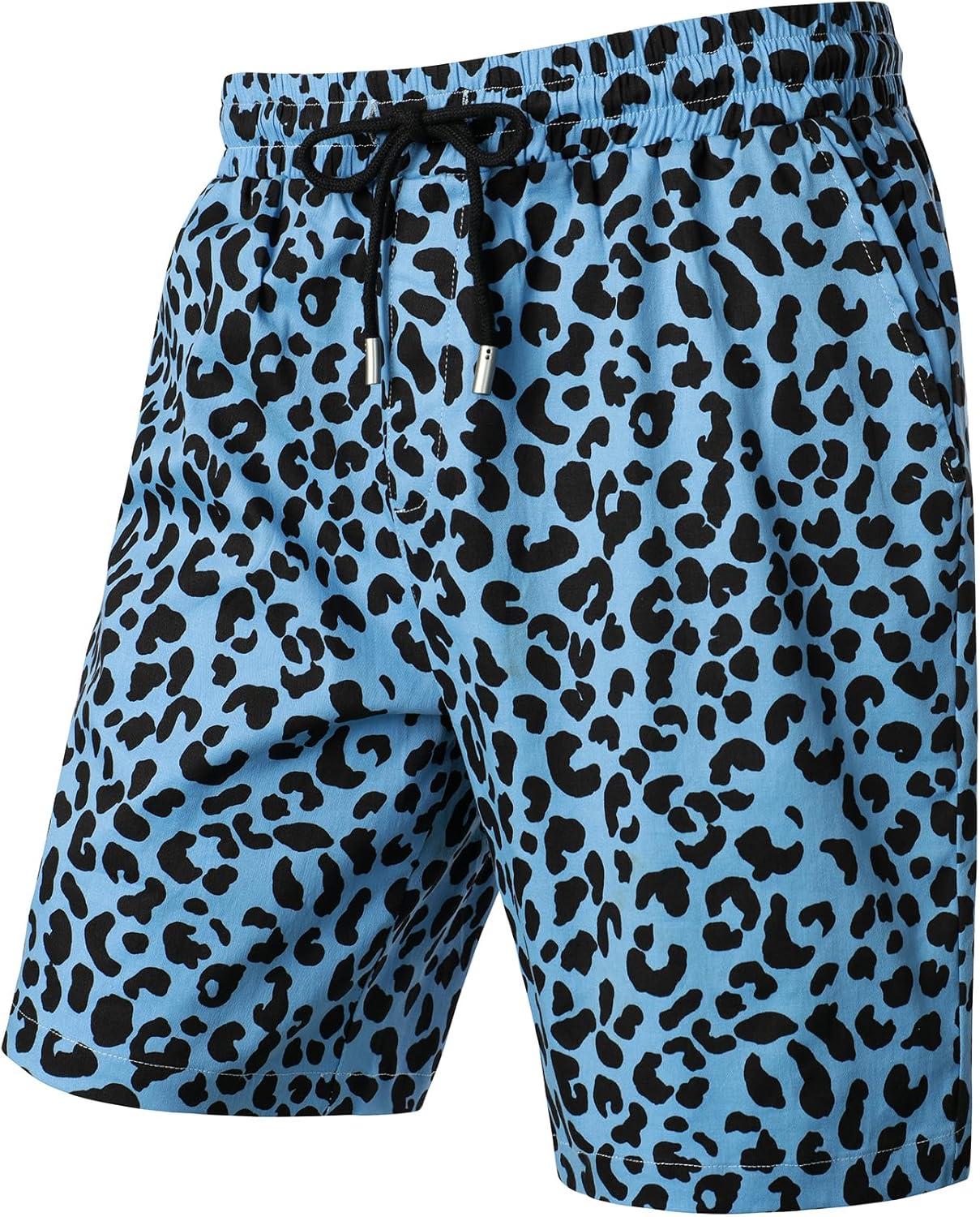 imageJEMITOP Mens 2 Piece Casual Cotton Stretchy Outfit Short Sleeve Button up Shirt and Shorts SetBlue Leopard