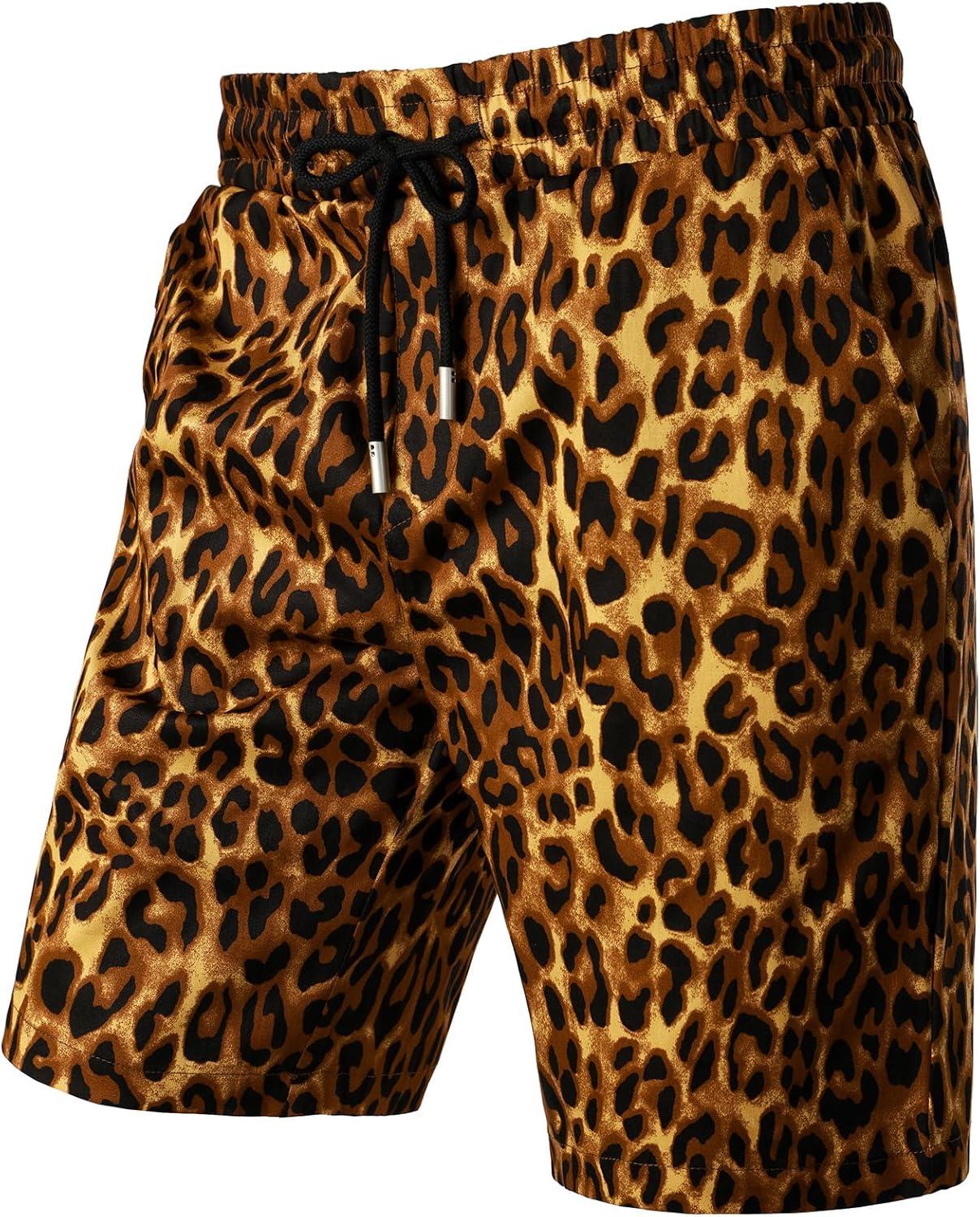 imageJEMITOP Mens 2 Piece Casual Cotton Stretchy Outfit Short Sleeve Button up Shirt and Shorts SetGold Leopard