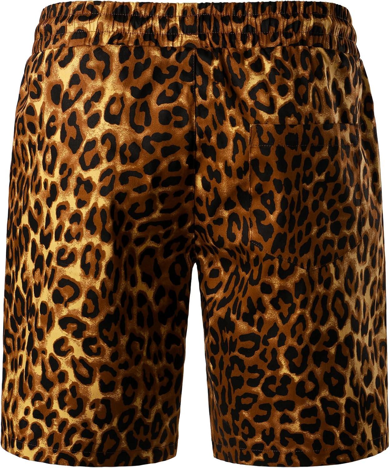 imageJEMITOP Mens 2 Piece Casual Cotton Stretchy Outfit Short Sleeve Button up Shirt and Shorts SetGold Leopard