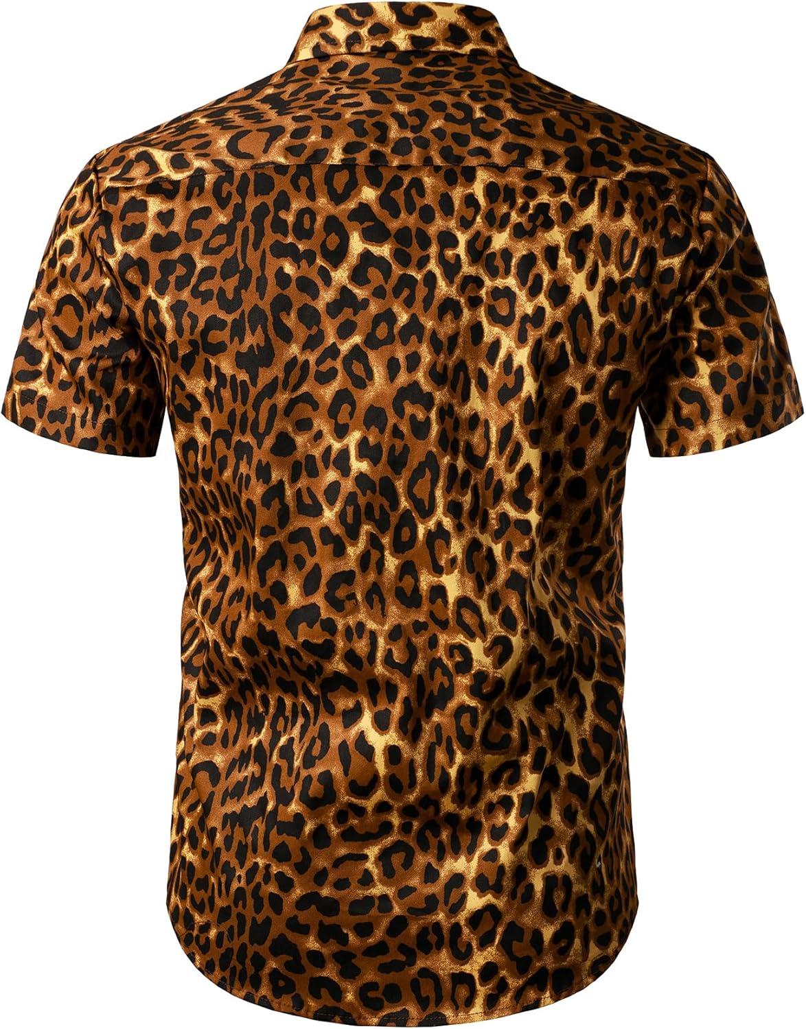 imageJEMITOP Mens 2 Piece Casual Cotton Stretchy Outfit Short Sleeve Button up Shirt and Shorts SetGold Leopard