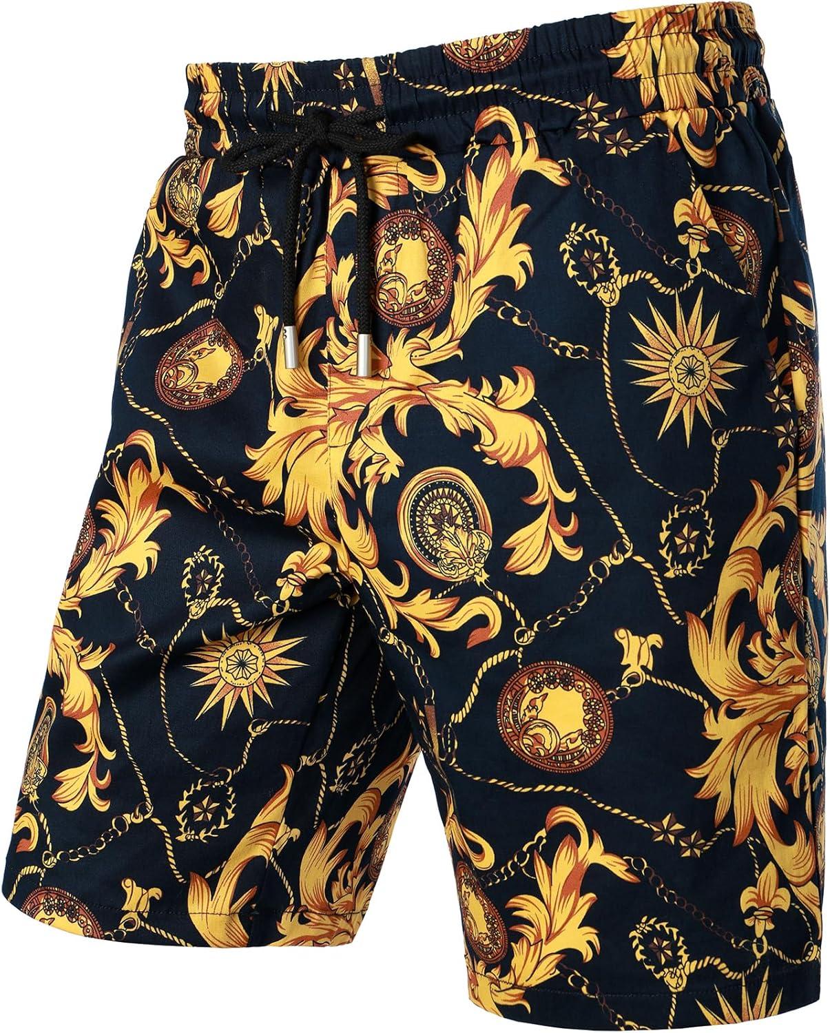 imageJEMITOP Mens 2 Piece Casual Cotton Stretchy Outfit Short Sleeve Button up Shirt and Shorts SetNavy Gold