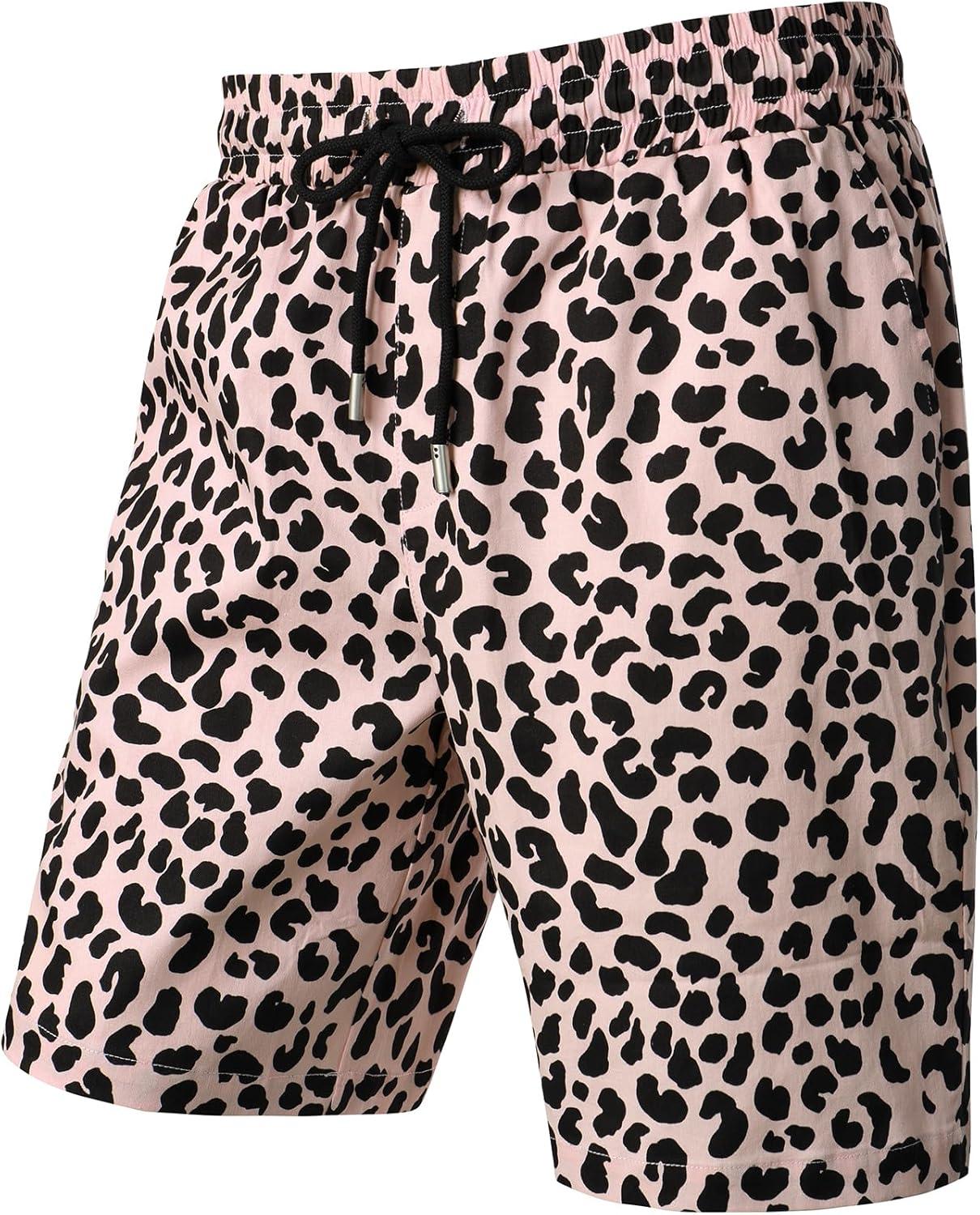 imageJEMITOP Mens 2 Piece Casual Cotton Stretchy Outfit Short Sleeve Button up Shirt and Shorts SetPink Leopard