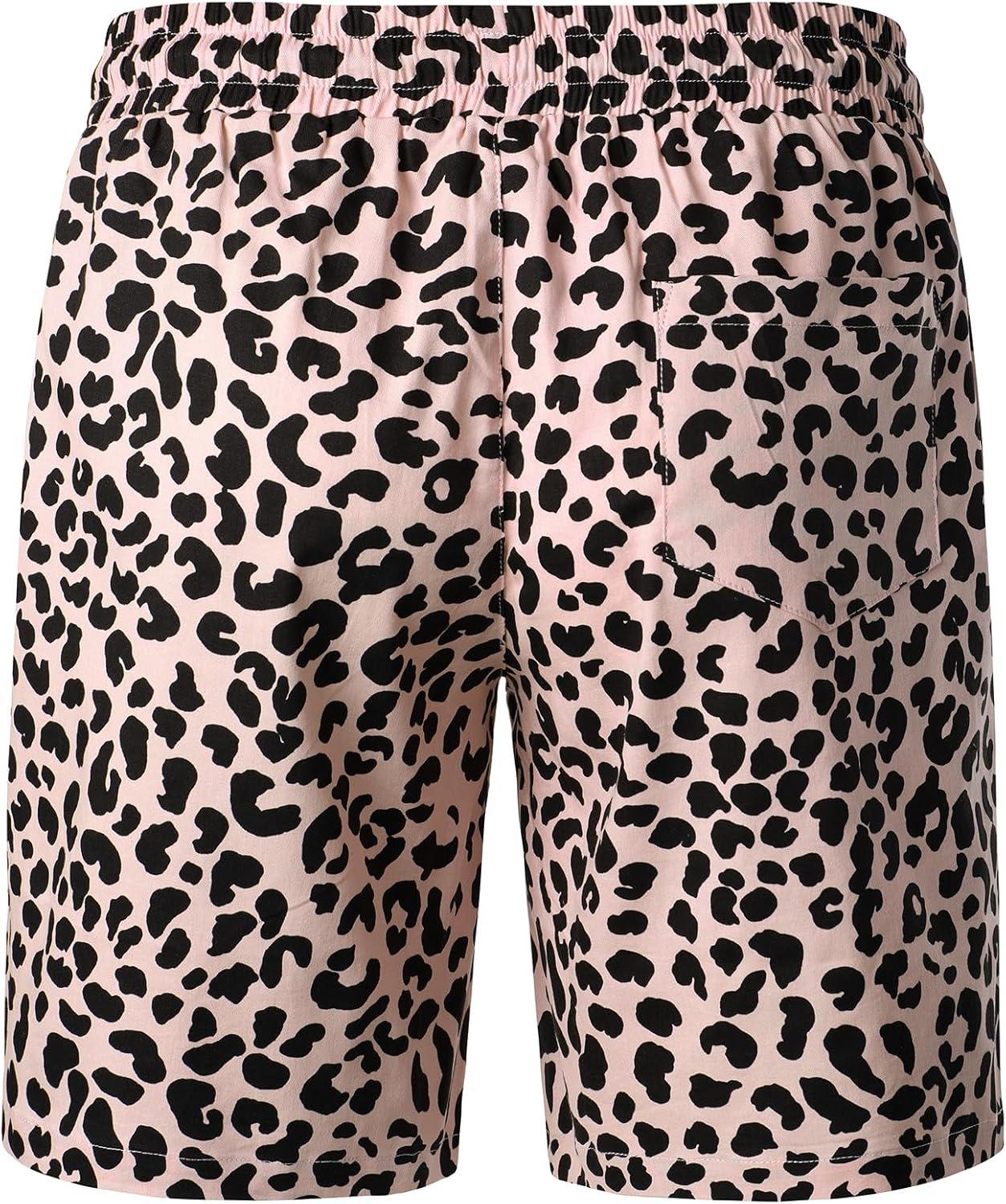 imageJEMITOP Mens 2 Piece Casual Cotton Stretchy Outfit Short Sleeve Button up Shirt and Shorts SetPink Leopard