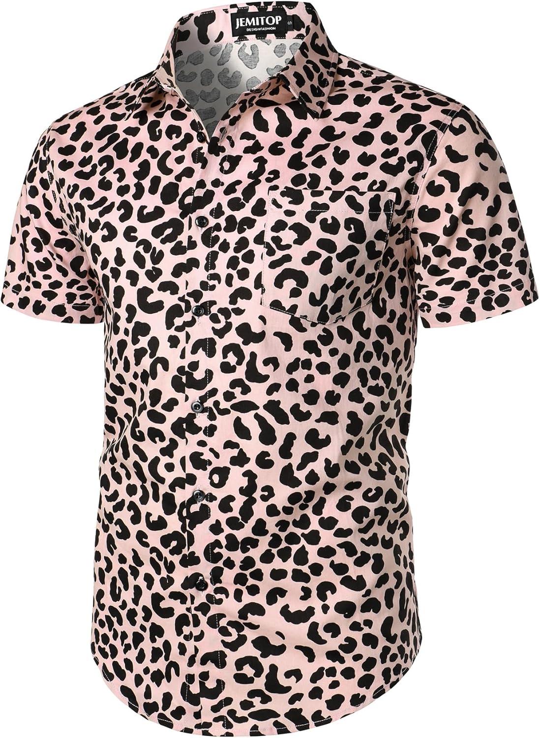 imageJEMITOP Mens 2 Piece Casual Cotton Stretchy Outfit Short Sleeve Button up Shirt and Shorts SetPink Leopard