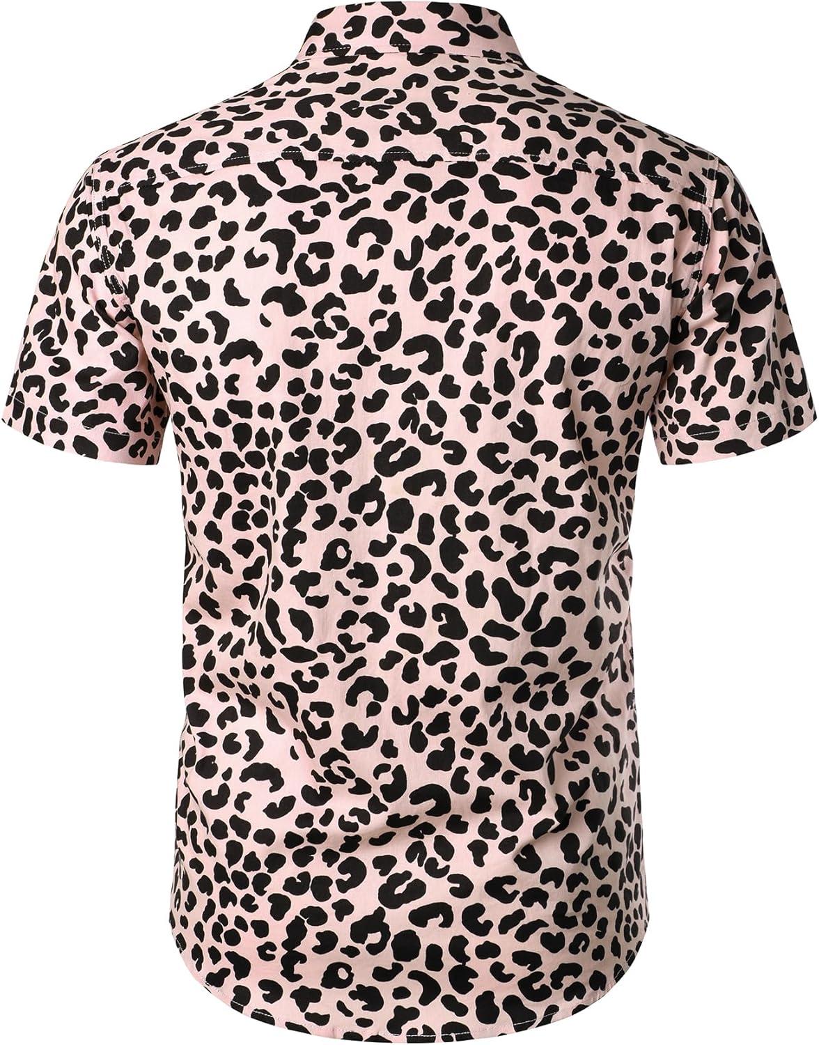 imageJEMITOP Mens 2 Piece Casual Cotton Stretchy Outfit Short Sleeve Button up Shirt and Shorts SetPink Leopard
