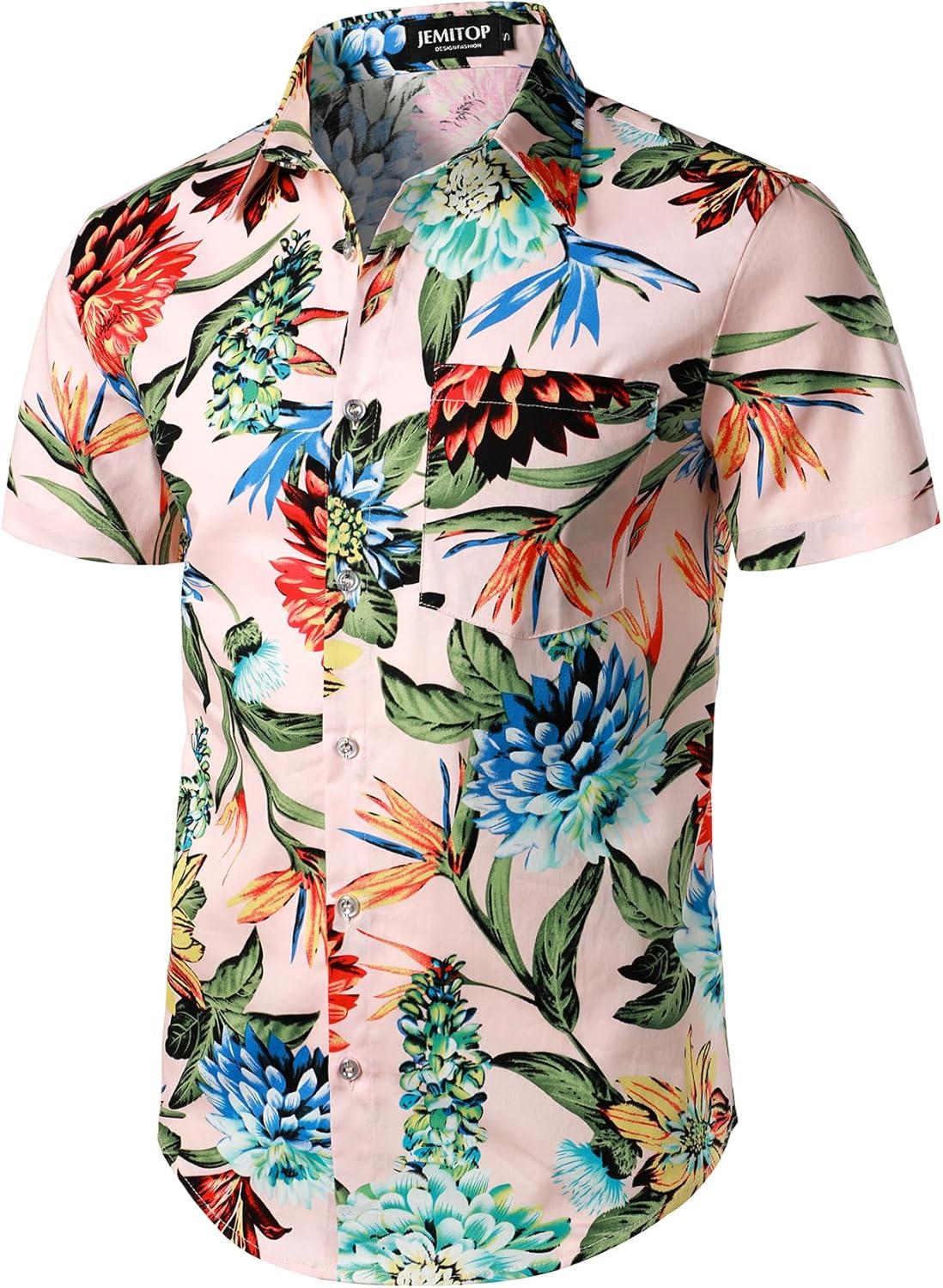 imageJEMITOP Mens 2 Piece Casual Cotton Stretchy Outfit Short Sleeve Button up Shirt and Shorts SetPinkgreen