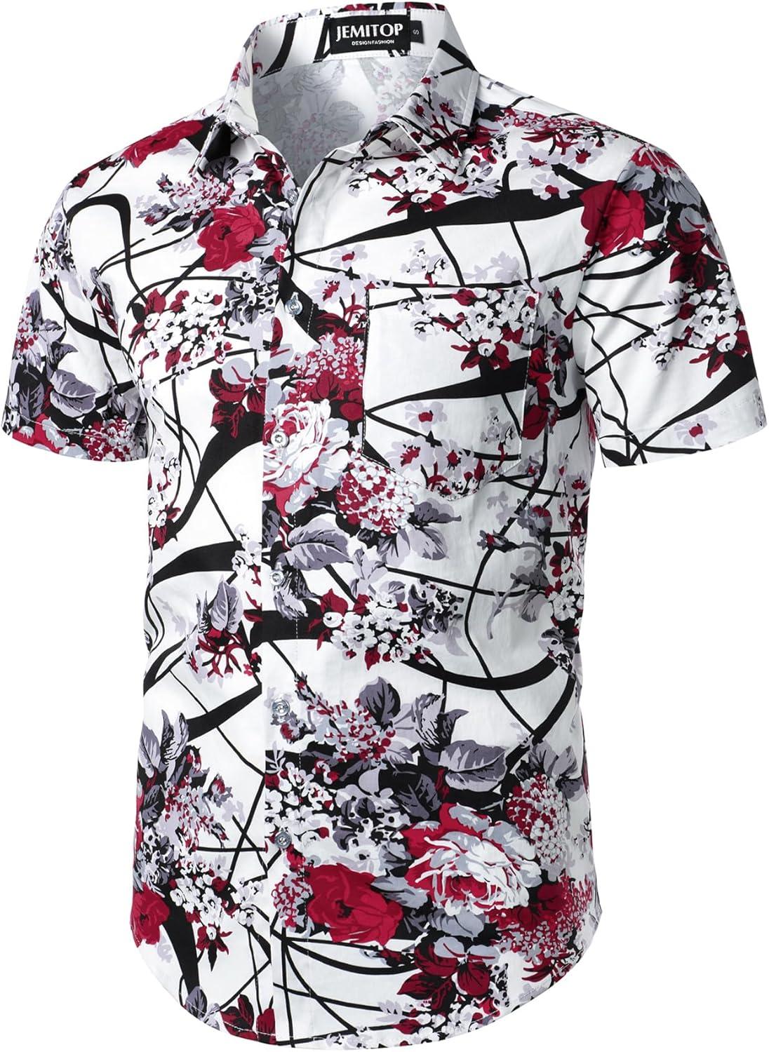 imageJEMITOP Mens 2 Piece Casual Cotton Stretchy Outfit Short Sleeve Button up Shirt and Shorts SetWhite Floral