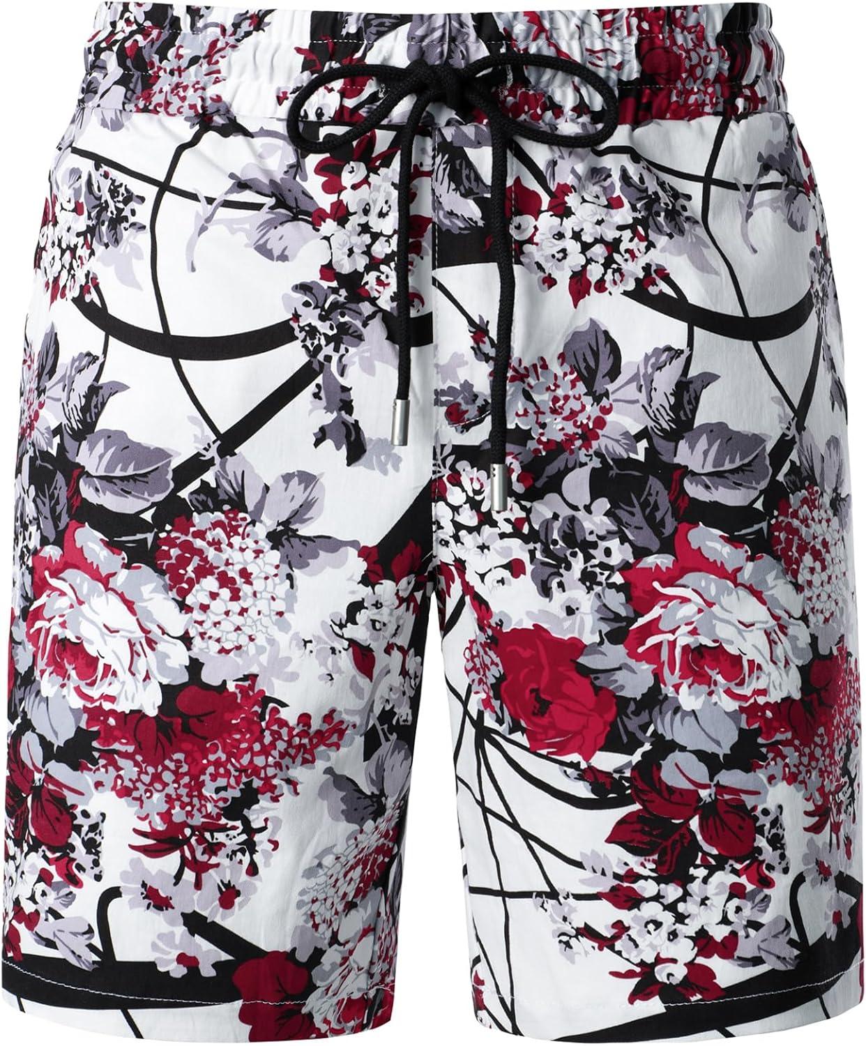 imageJEMITOP Mens 2 Piece Casual Cotton Stretchy Outfit Short Sleeve Button up Shirt and Shorts SetWhite Floral